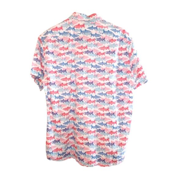 J. Crew Men's (L) Red & Blue Fish Print Shirt Slim Fit Short Sleeve Button Up - Picture 3 of 4